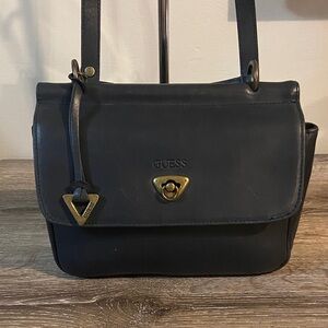 GUESS Vintage Navy Leather Crossbody Bag Satchel Brass Accents Messenger Style